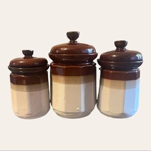 Set of Three Vintage Taiwan Brown Glazed Pottery Canisters